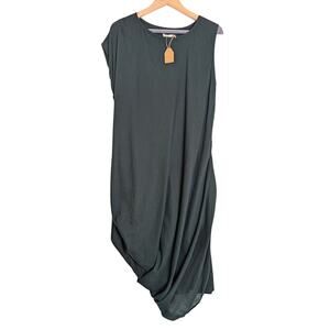 NWT Khara Kapas Pure Cotton Muslin Green Asymmetrical Hem Drape Dress Women Sz M